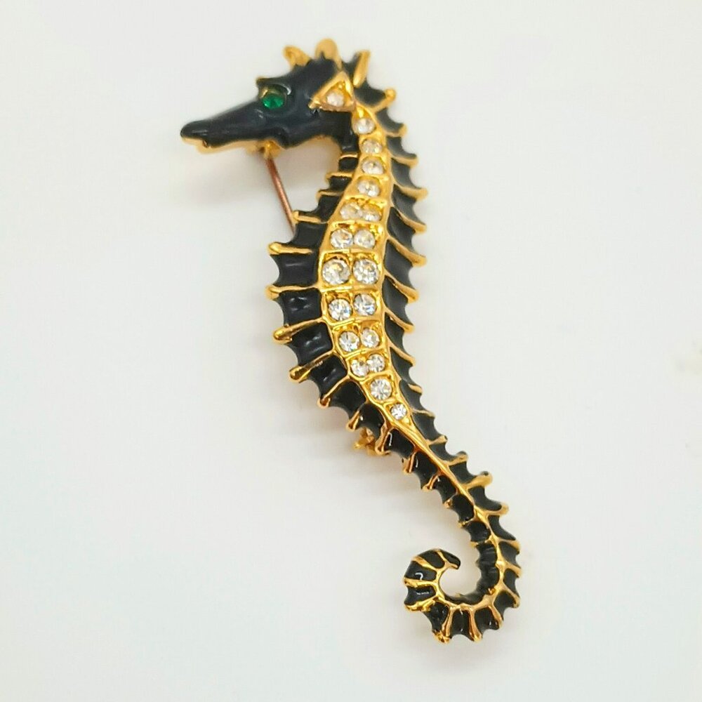 Vintage Black Enamel Seahorse Brooch Gold Rhinestone Belly Nautical Pin Jewelry
